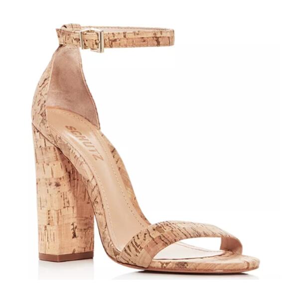 SCHUTZ Shoes - Schutz Enida High Block-Heel Sandals in Tan Cork EUC Size 6.5